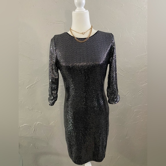 Lulus Jolie Silver Sequin Three-Quarter Sleeve Bodycon Dress - New W/O Tags 🎉🍾 - Picture 4 of 5